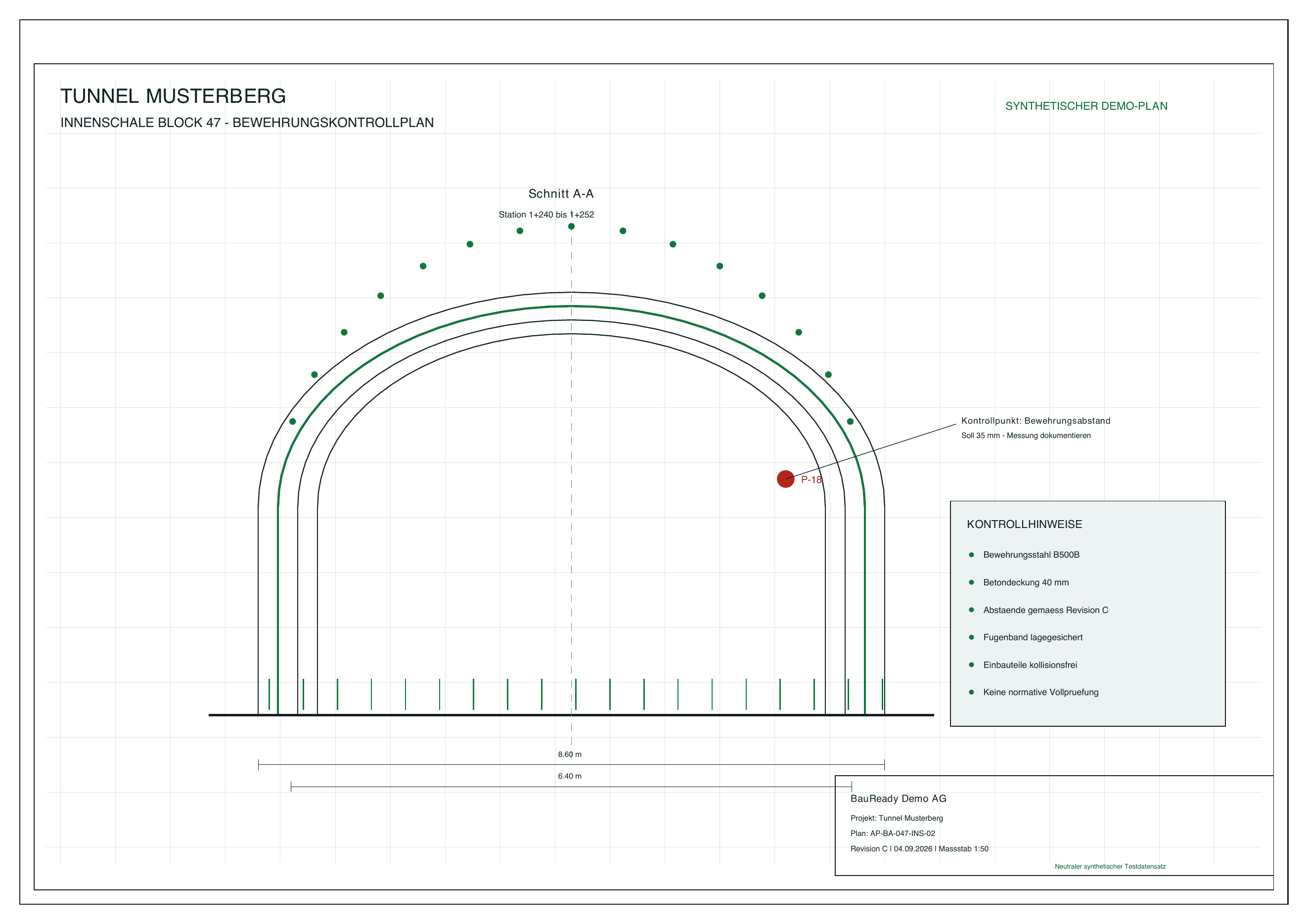 Bewehrungskontrollplan Tunnel Musterberg mit markiertem Kontrollpunkt P-18